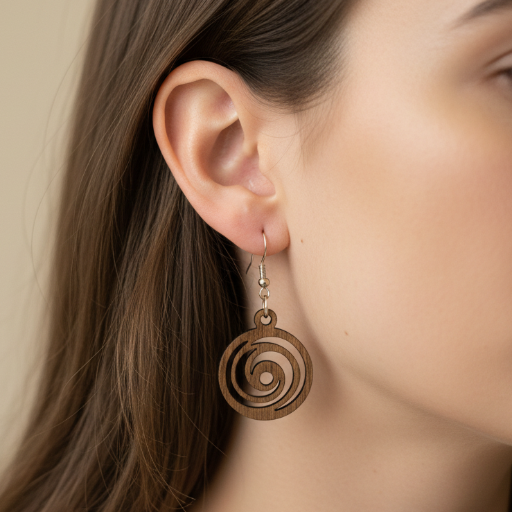Wooden spiral earrings on a black card with a wooden background